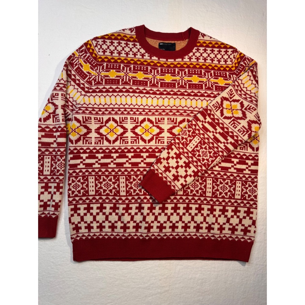 ASOS DESIGN Mens Red Fair Isle Geometric Knit Crewneck Sweater Large 130643763